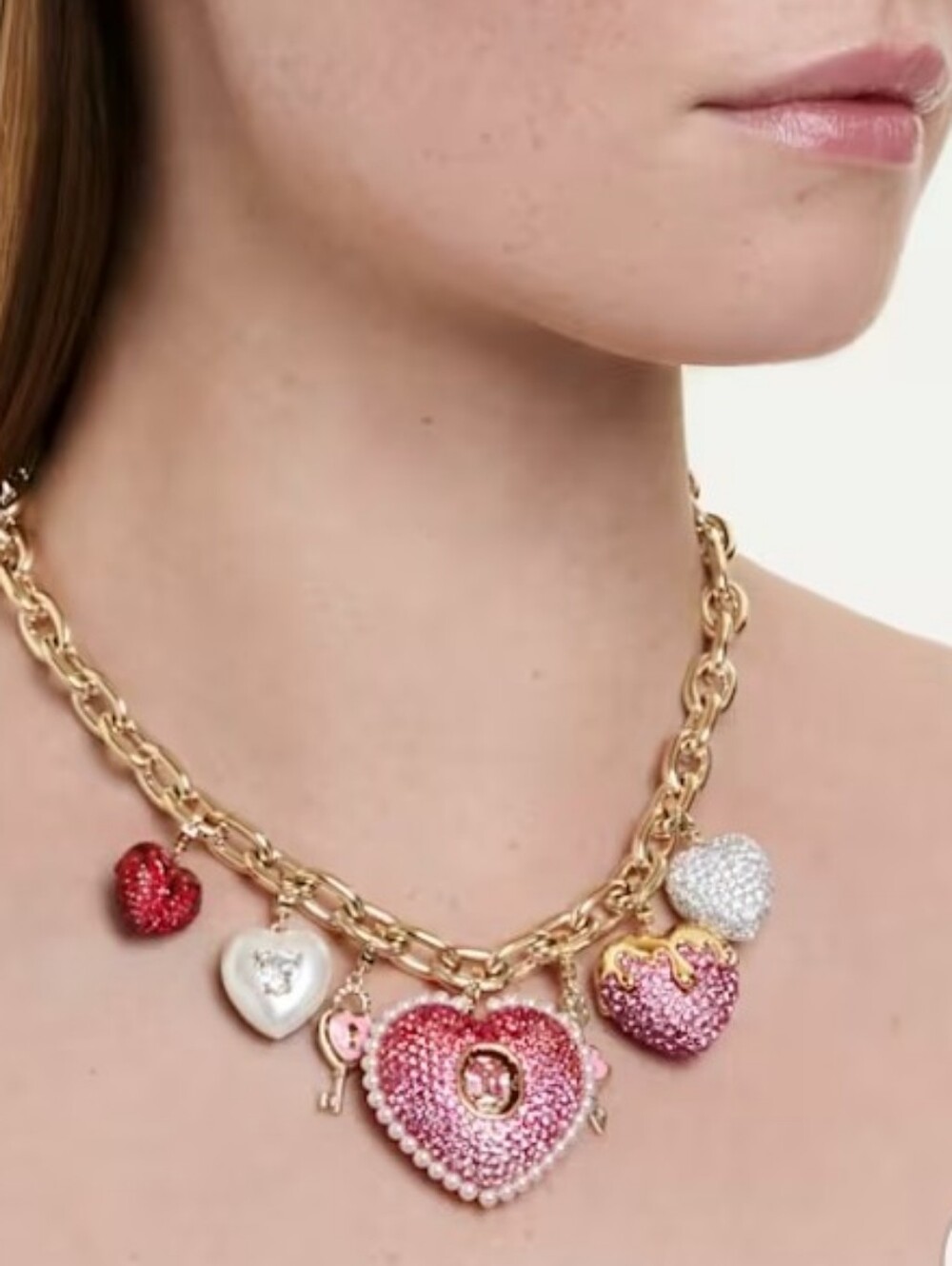 Swarovski necklace Mixed cuts, Heart, Key, Multicolored, 18K gold finish
